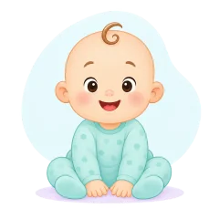 Ilustración de un bebé sonriendo con un pelele celeste