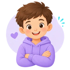 Ilustración de un niño mayor sonriendo con una buzo lila