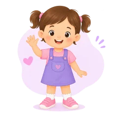 Ilustración de una niña en edad preescolar saludando con trenzas y un vestido lila